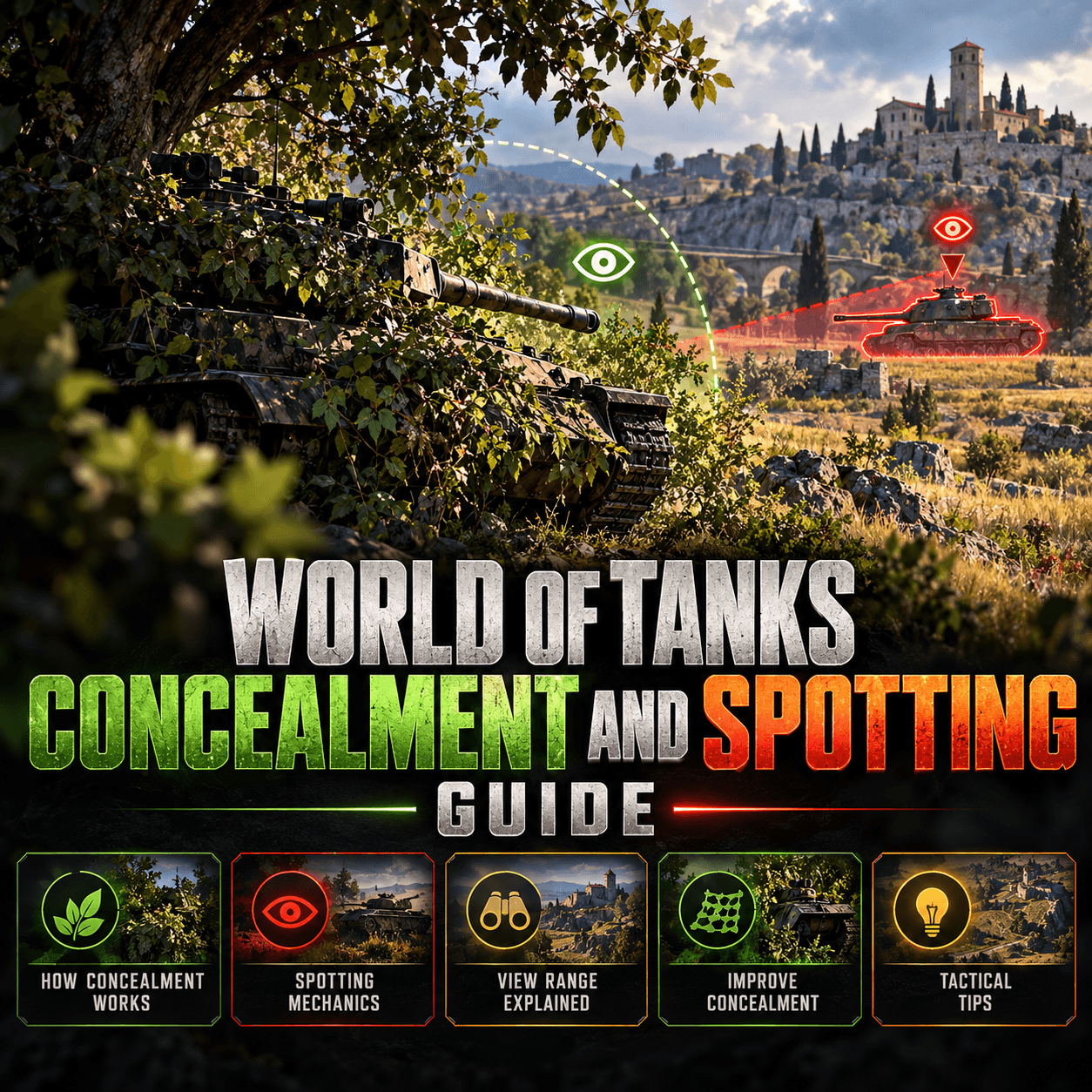 World of Tanks concealment and spotting guide showing view range, camouflage, and bushes